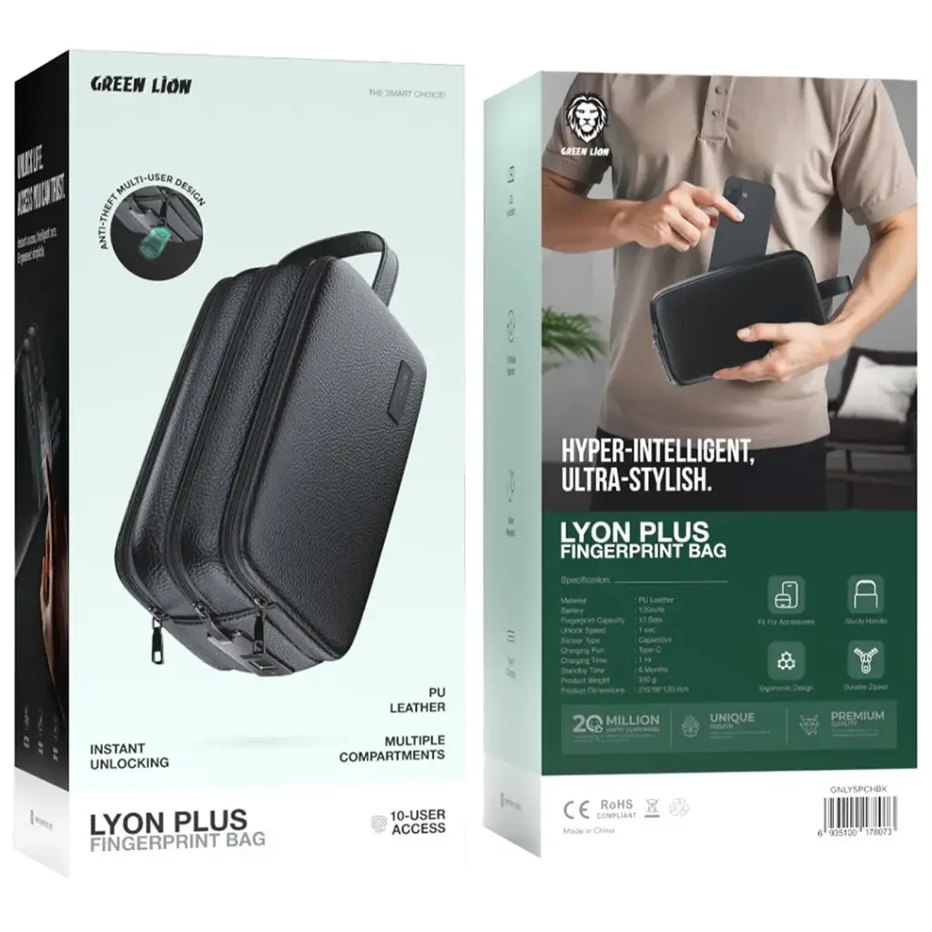 جرين لايون حقيبة لايون بلس الذكية ببصمة الاصبع - اسود | Green Lion Lyon Plus Smart Fingerprint Pouch - Black