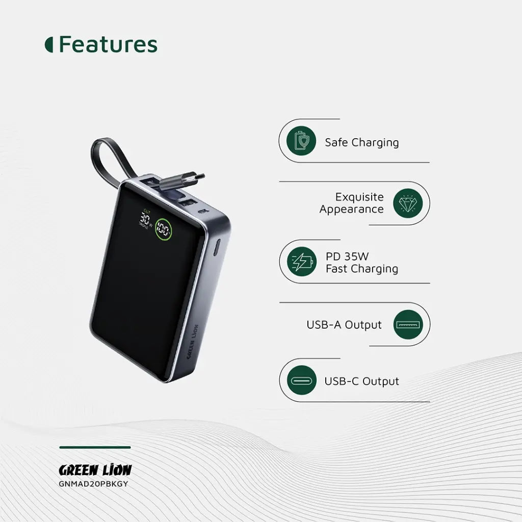 باور بانك جرين لايون مدريد 20 بسعة 20,000 مللي امبير وبقدرة شحن 35 واط - رمادي | Green Lion Madrid 20 Power Bank 20000mAh PD 35W - Gray