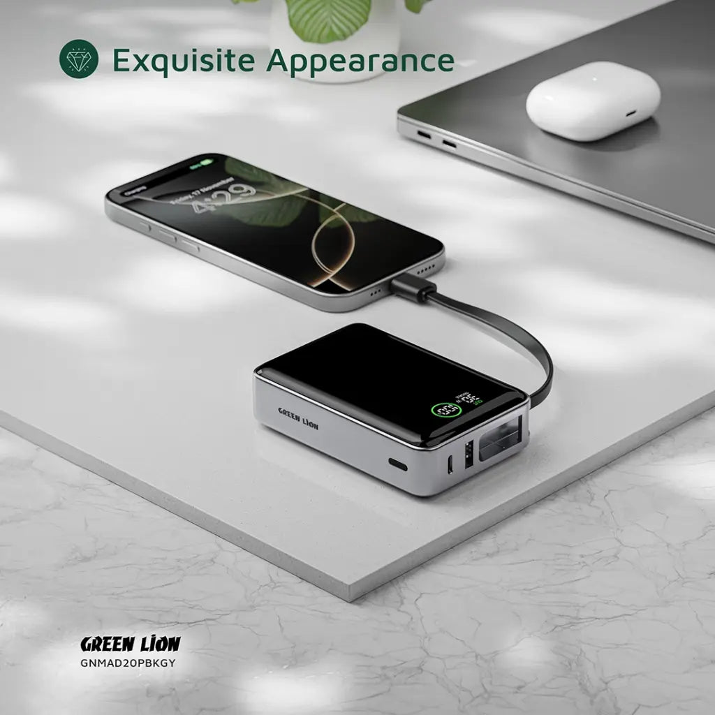 باور بانك جرين لايون مدريد 20 بسعة 20,000 مللي امبير وبقدرة شحن 35 واط - رمادي | Green Lion Madrid 20 Power Bank 20000mAh PD 35W - Gray