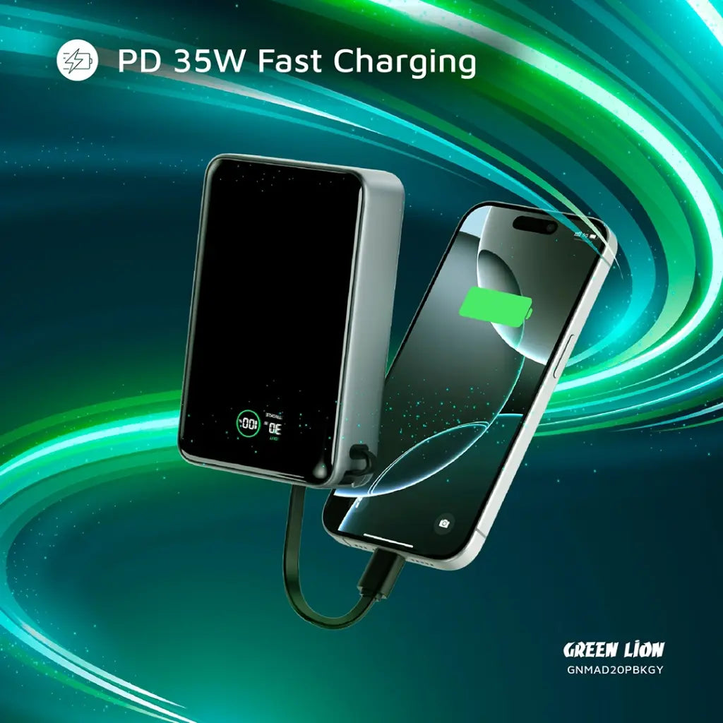 باور بانك جرين لايون مدريد 20 بسعة 20,000 مللي امبير وبقدرة شحن 35 واط - رمادي | Green Lion Madrid 20 Power Bank 20000mAh PD 35W - Gray