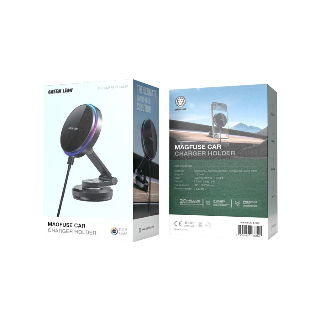 حامل هاتف وشاحن جرين لايون ماجفيوز للسيارة بتصميم مرن - اسود | Green Lion Magfuse Car Charger Holder - Black