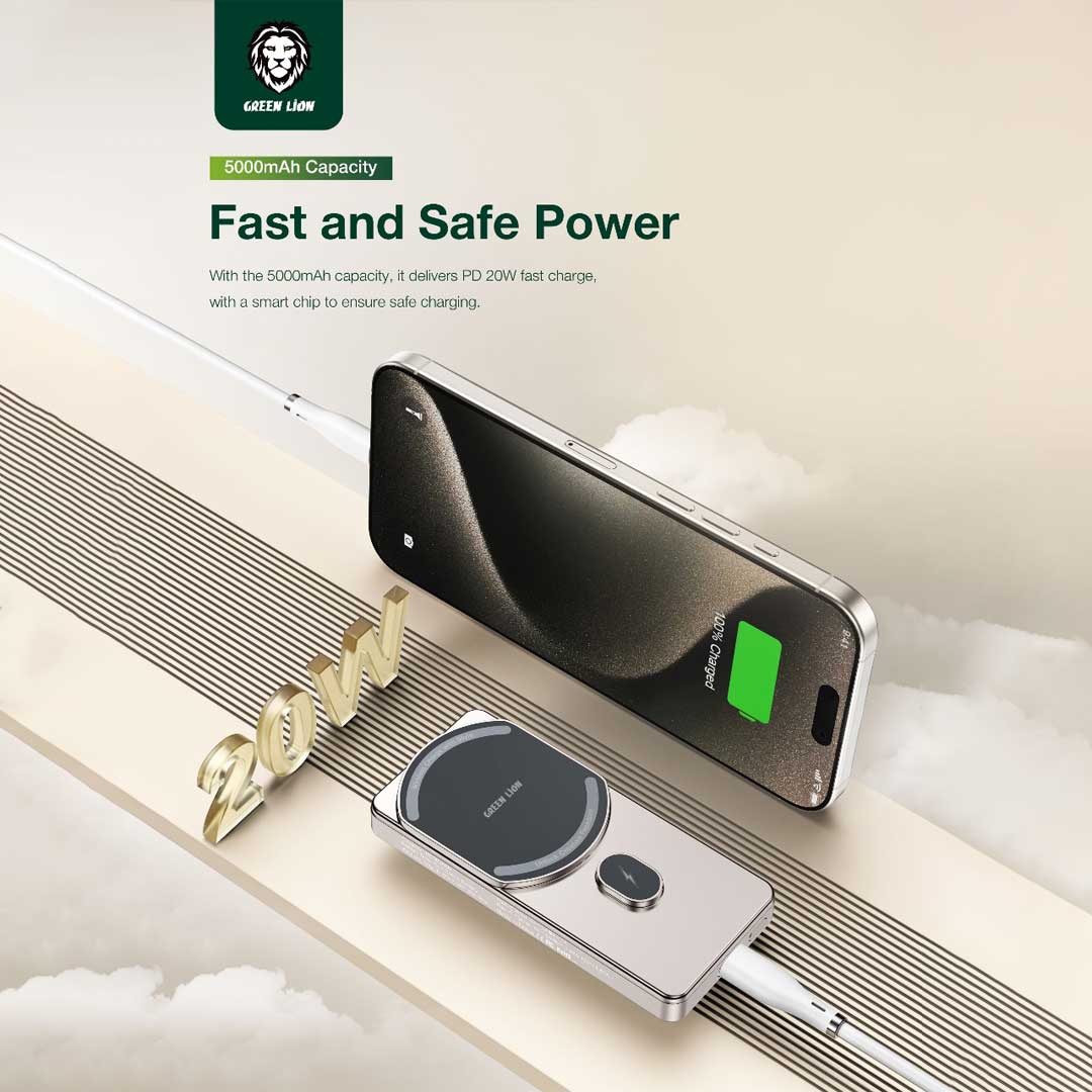 باور بانك جرين لايون ميلتون بسعة 5000 مللي امبير مع شحن لاسلكي 15 واط | Green Lion Milton 5000mAh Powerbank, 15W Wireless Charging