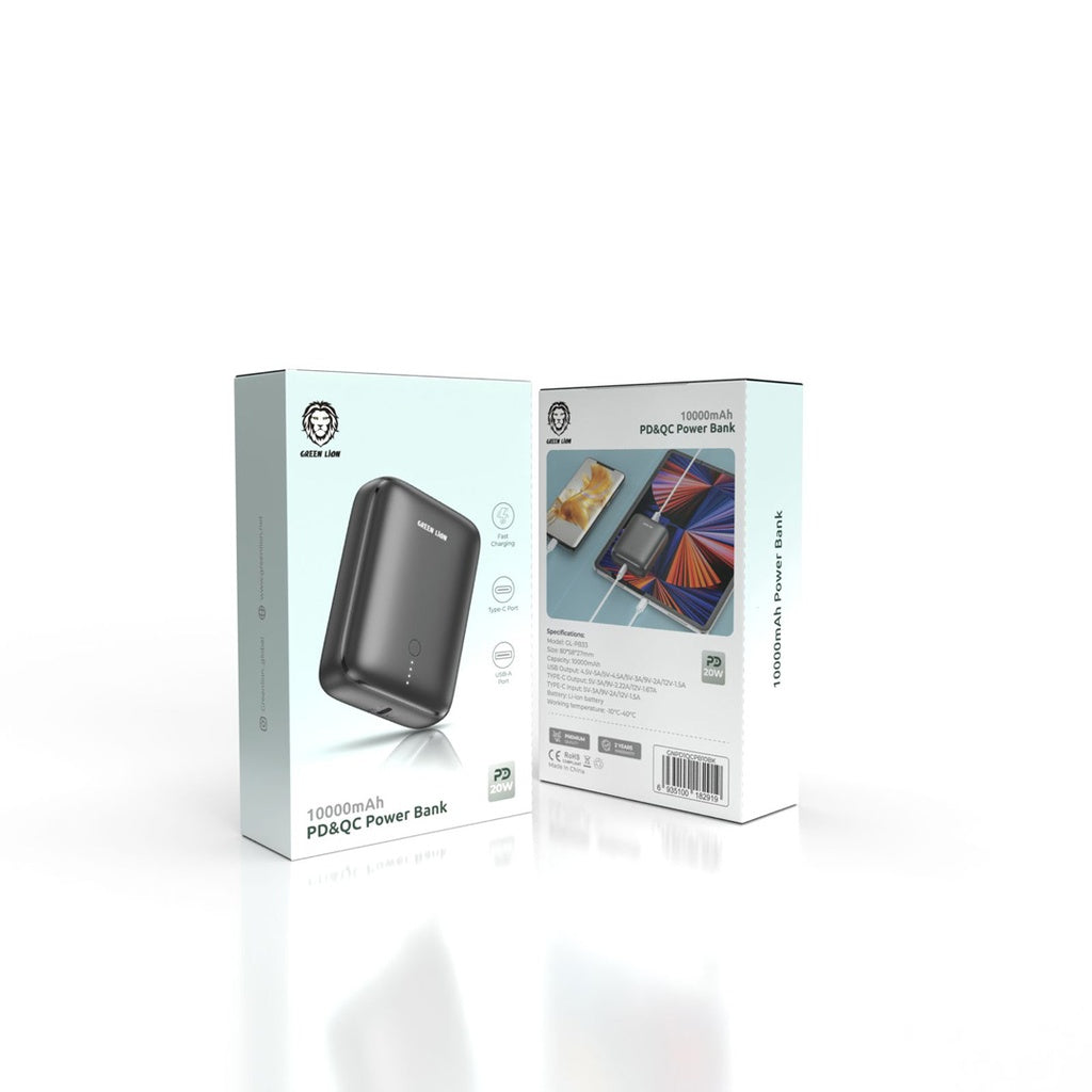 باور بانك جرين لايون بسعة 10,000 مللي امبير وبقدرة شحن 20 واط - اسود | Green Lion PD & QC Power Bank 10000mAh PD 20W - Black