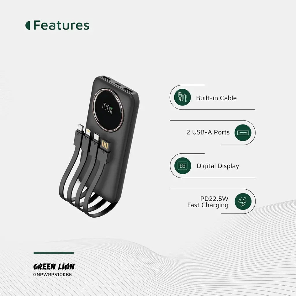 باور بانك جرين لايون باور بلس بقدرة شحن 22.5 واط اسود | Green Lion Power Pulse Power Bank 22.5W – Black