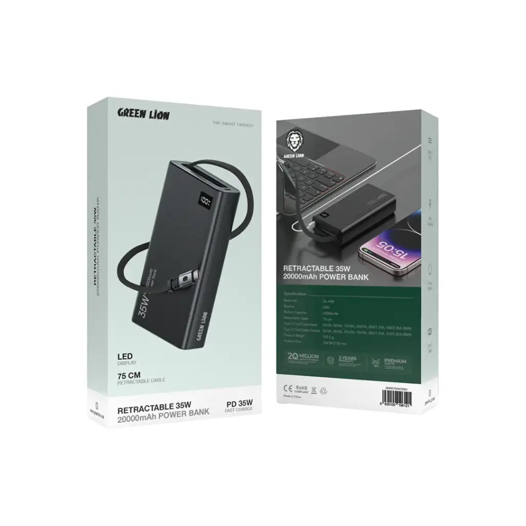 باور بانك جرين لايون القابل للسحب بسعة 20,000 مللي امبير و بقدرة شحن 35 واط | Green Lion Retractable 35W 20000mAh Power Bank