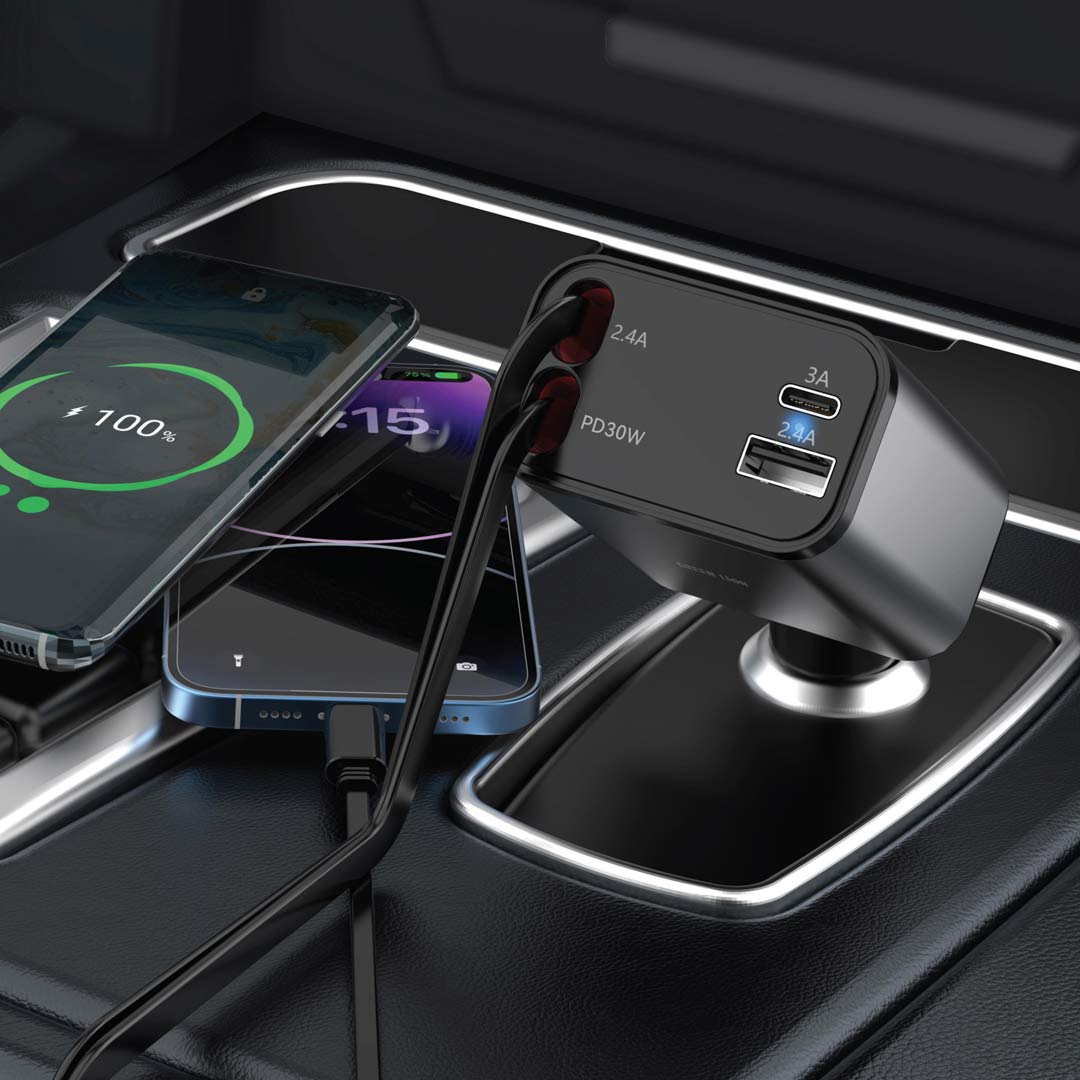 شاحن سيارة جرين لايون بقدرة شحن 50 واط مع كيبلات مدمجة قابلة للسحب - اسود | Green Lion Retractable 50W Car Charger - Black