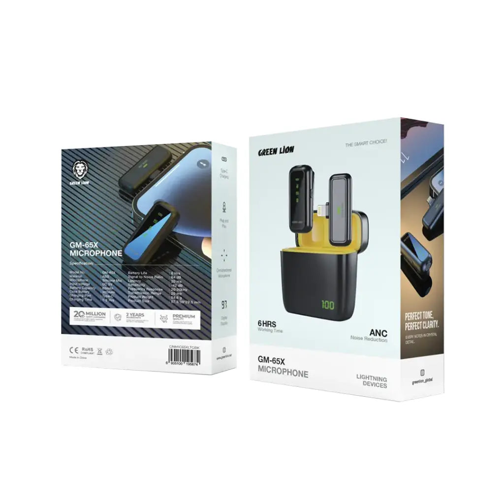مايكروفون جرين لايون 65X لتايب سي / لايتننغ مع ميزة عزل الضوضاء - اسود | Green Lion 65X Microphone for Type-C / Lightning - Black