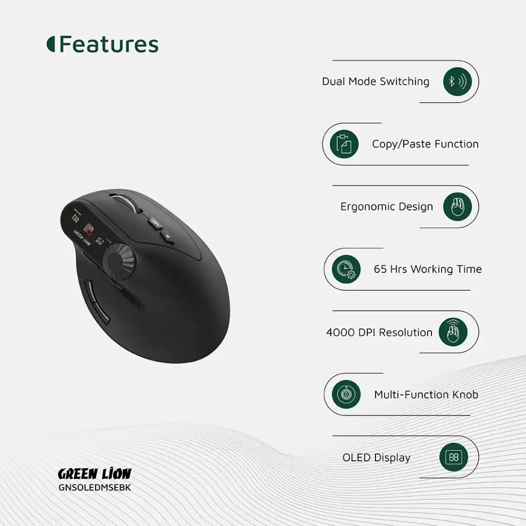 جرين لايون ماوس عمودي ذكي بشاشة OLED - اسود | Green Lion Smart OLED Vertical Mouse - Black