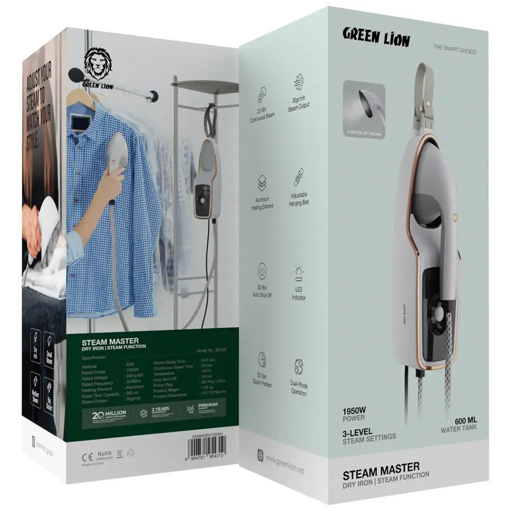 مكواة جرين لايون ستيم ماستر الجافة والبخارية بقدرة 1950 واط - ابيض | Green Lion Steam Master Dry Iron and Steam Function 1950W – White
