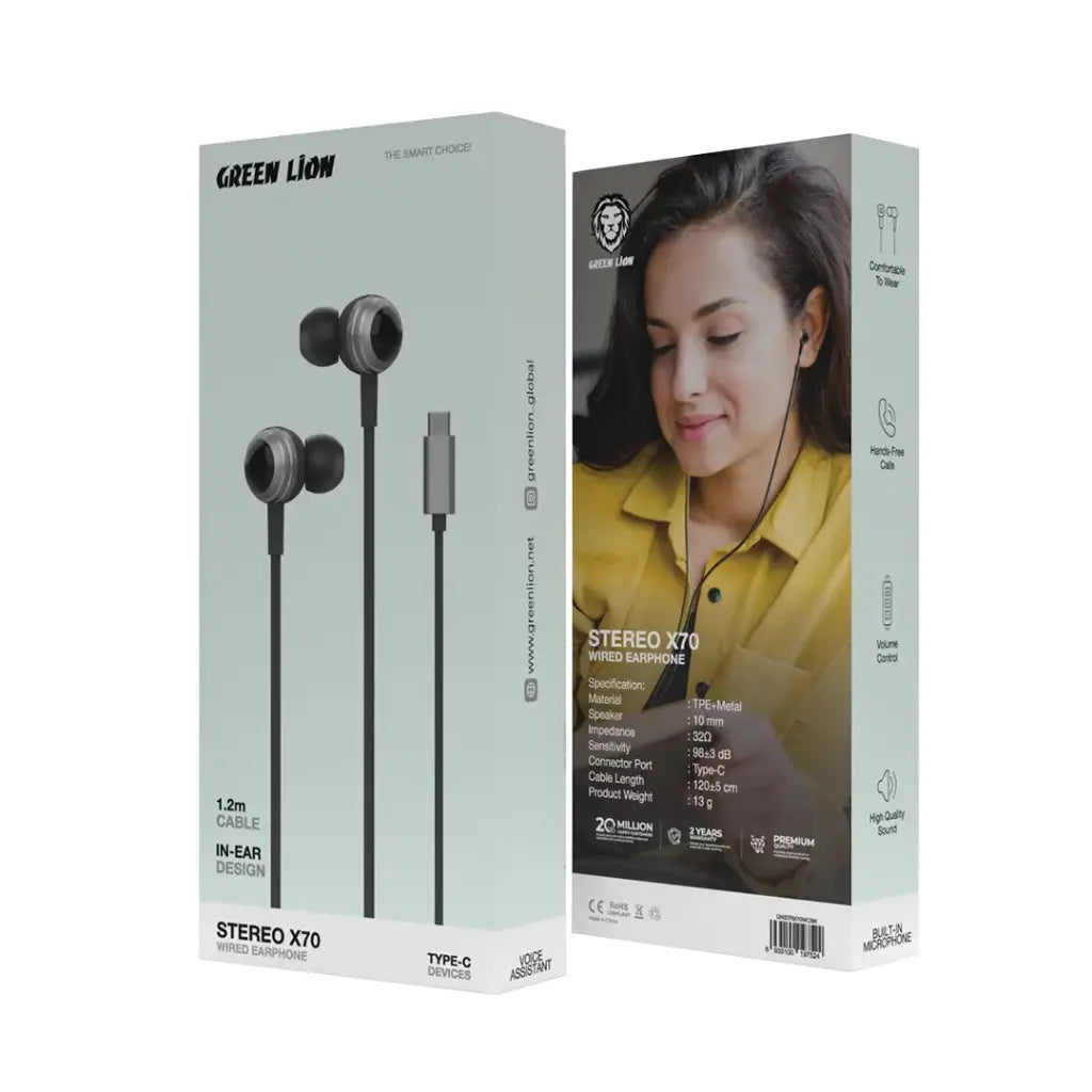 سماعة جرين لايون ستيريو X70 السلكية بمنفذ تايب سي وكيبل بطول 1.2 متر - اسود | Green Lion Stereo X70 Wired Earphone 1.2m Type-C - Black