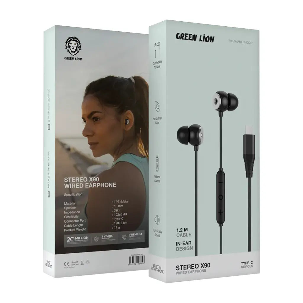 سماعة سلكية جرين لايون ستيريو X90 بمنفذ يو اس بي سي, صوت عالي الجودة | Green Lion Stereo X90 Type-C Wired Earphone – High Quality Sound.