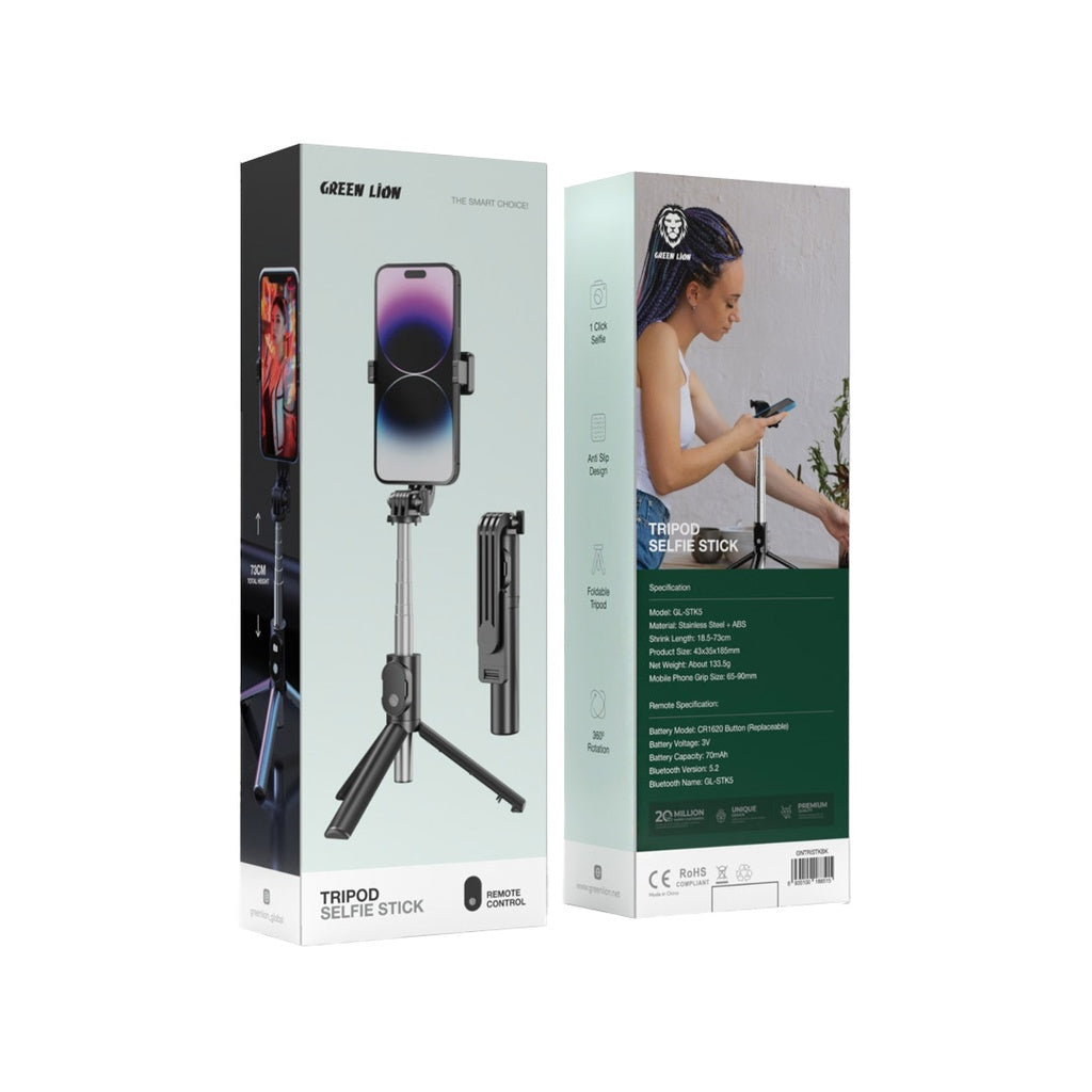 عصا سيلفي مع قاعدة ترايبود من جرين لايون مع دوران 360 درجة وتحكم عن بعد - اسود | Green Lion Tripod Selfie Stick with 360° Rotation and Remote Control - Black.