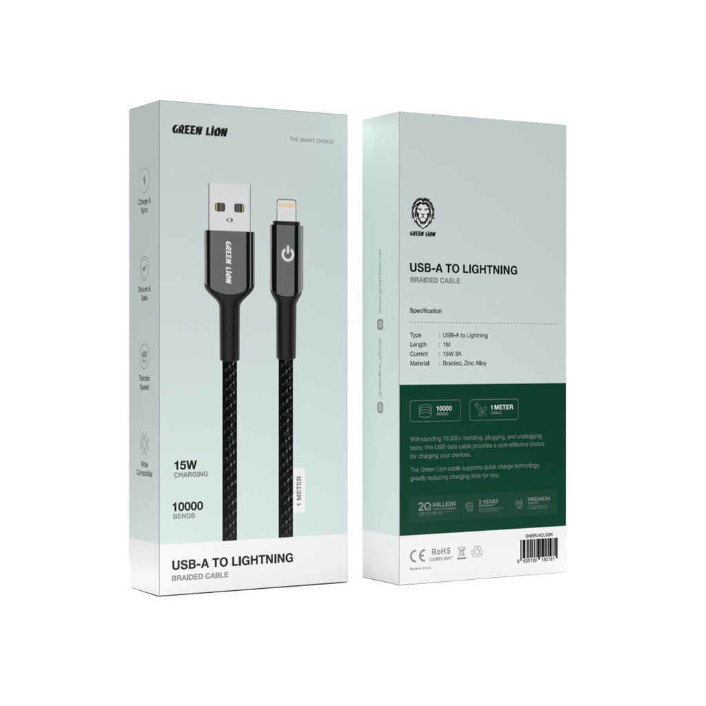 كيبل جرين لايون مضفر يو اس بي اي الى لايتننغ بطول 1 متر - اسود | Green Lion USB-A to Lightning Braided Cable 15W 1M - Black