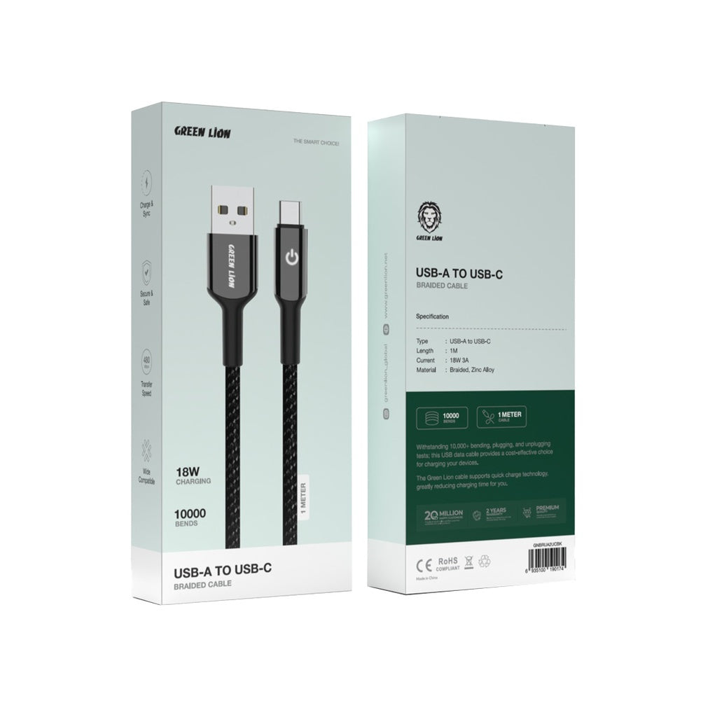 كيبل جرين لايون مضفر يو اس بي اي الى يو اس بي سي بقدرة 18 واط وطول 1 متر - اسود | Green Lion USB-A to USB-C Braided Cable 18W 1M - Black