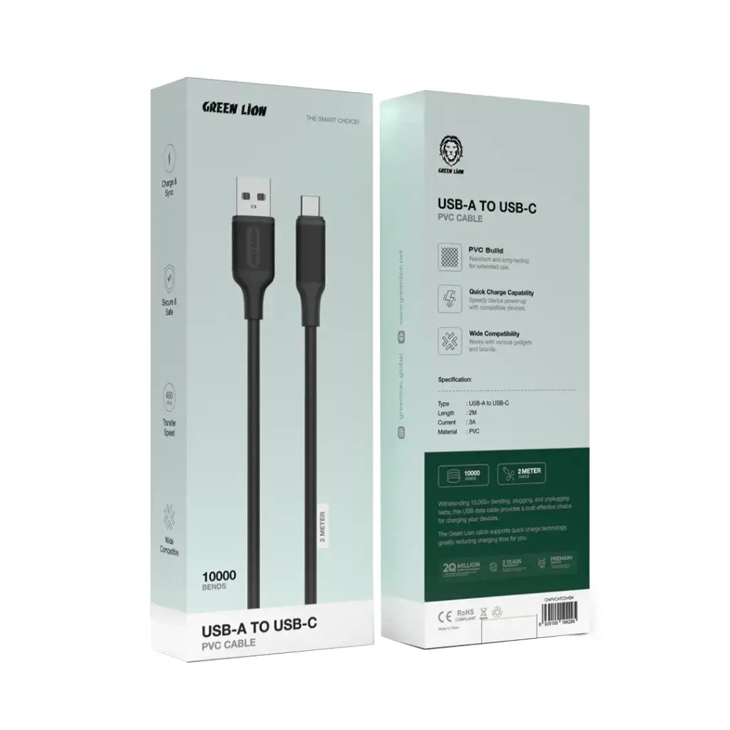 كيبل جرين لايون يو اس بي اي الى يو اس بي سي بطول 2 متر, شحن سريع | Green Lion USB-A to USB-C PVC Cable 2M – Fast Charging