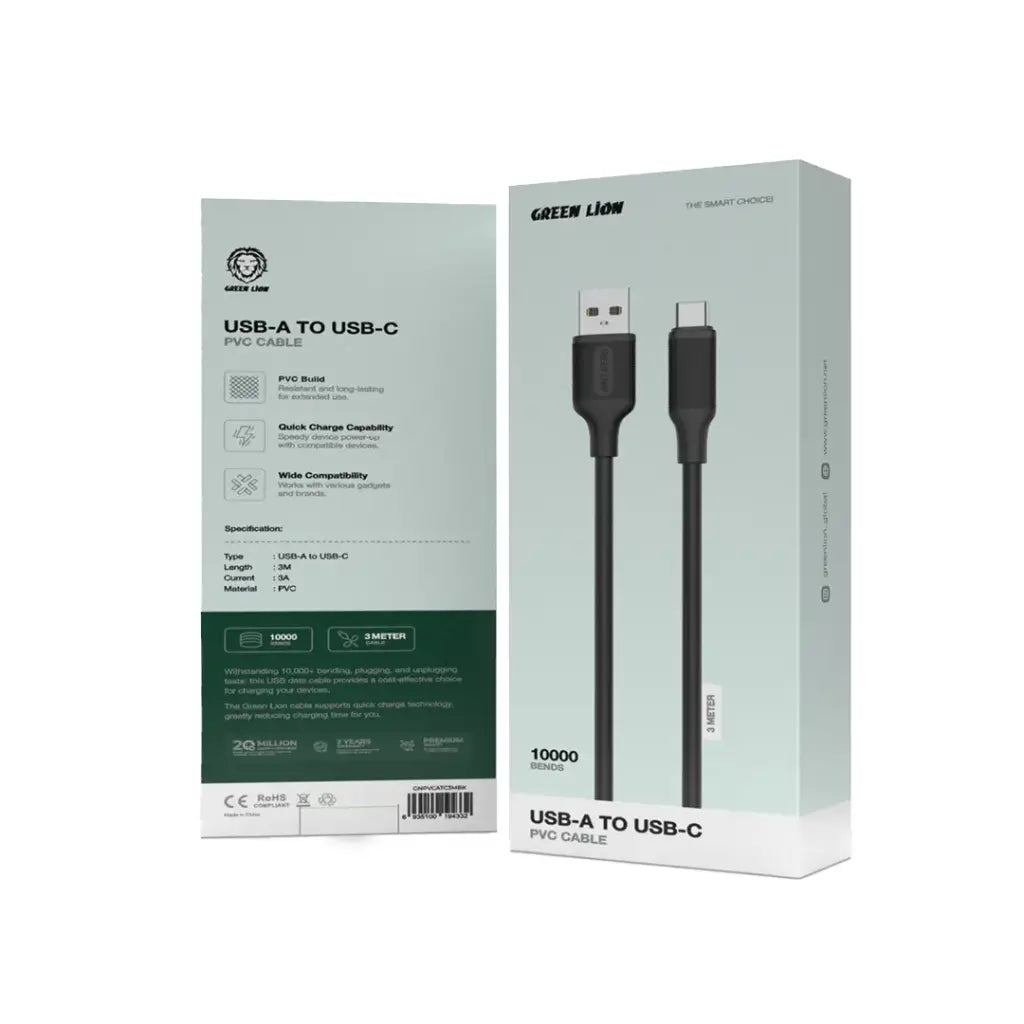 كيبل جرين لايون PVC من يو اس بي اي الى يو اس بي سي بطول 3 متر - اسود | Green Lion USB-A to USB-C PVC Cable 3M - Black