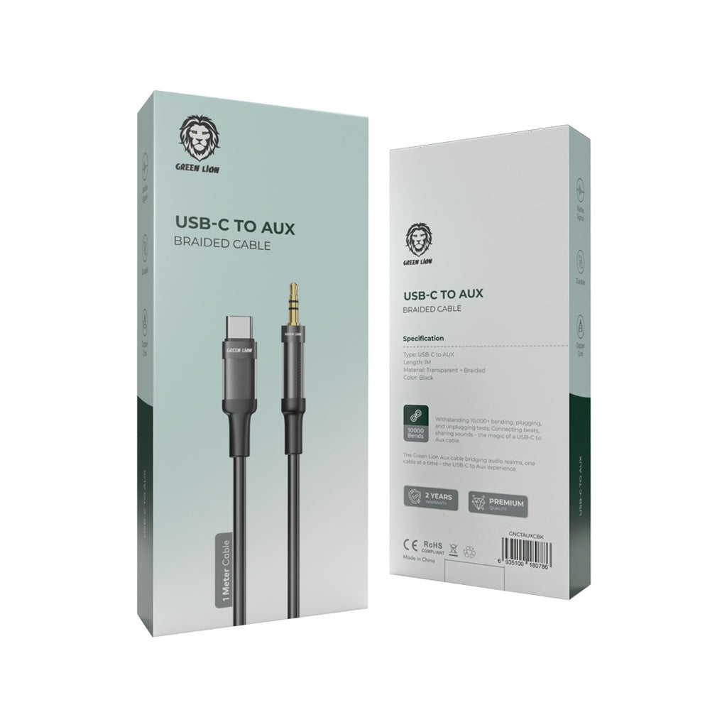 كيبل جرين لايون من يو اس بي سي الى AUX بطول 1 متر - اسود | Green Lion USB-C to AUX Braided Cable 1M - Black