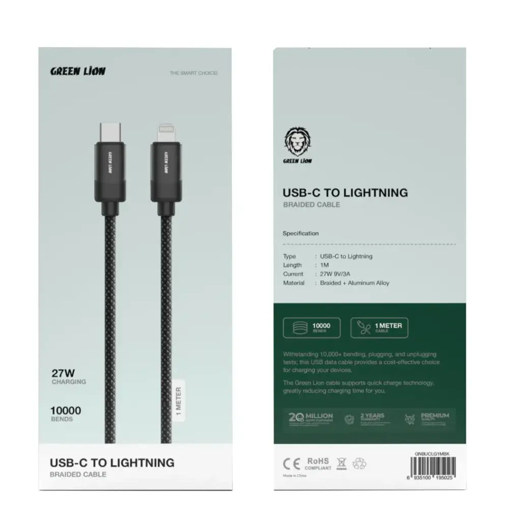 كيبل جرين لايون يو اس بي سي الى لايتننغ بقدرة 27 واط وطول 1 متر - اسود | Green Lion USB-C to Lightning Braided Cable 1m 27W – Black