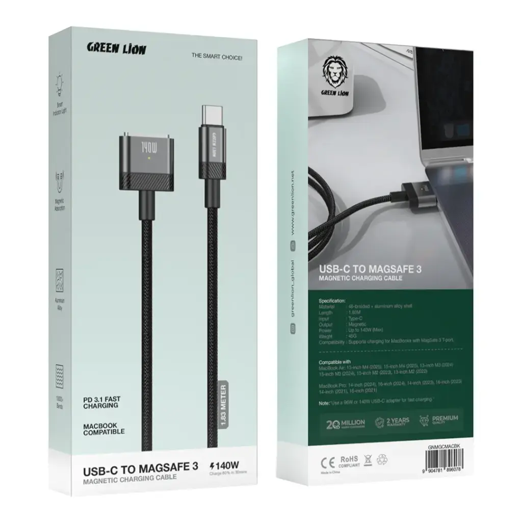 كيبل جرين لايون يو اس بي سي الى ماغسيف 3 - اسود | Green Lion USB-C to MagSafe 3 Magnetic Charging Cable - Black