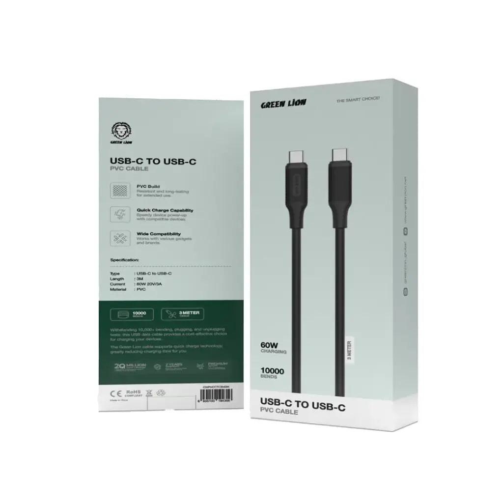 كيبل جرين لايون PVC يو اس بي سي الى يو اس بي سي بطول 3 متر - اسود | Green Lion USB-C to USB-C PVC Cable 3M - Black
