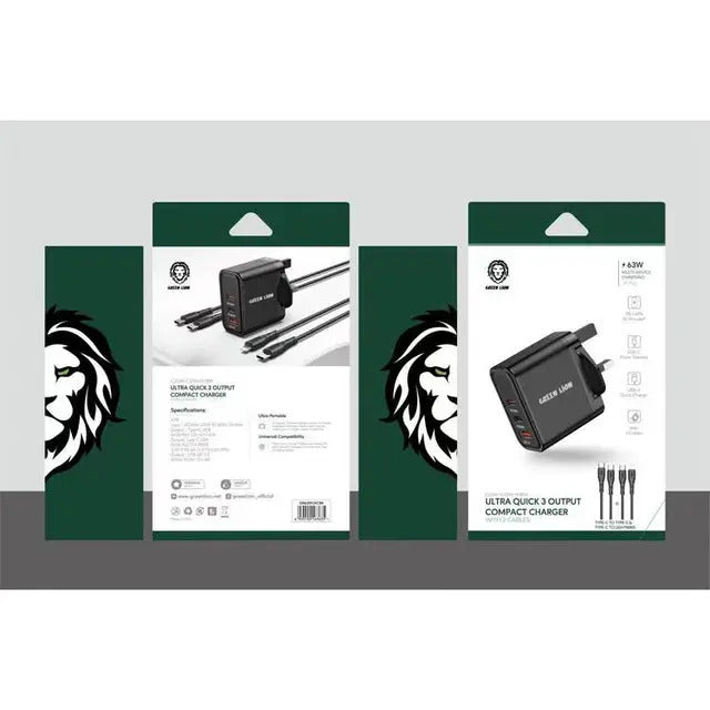 شاحن جداري جرين لايون ألترا مع كيبل تايب سي الى تايب سي و تايب سي الى لايتننغ | Green Ultra Quick 3 Output Compact Charger with Type-C to Type-C and Type-C to Lightnin