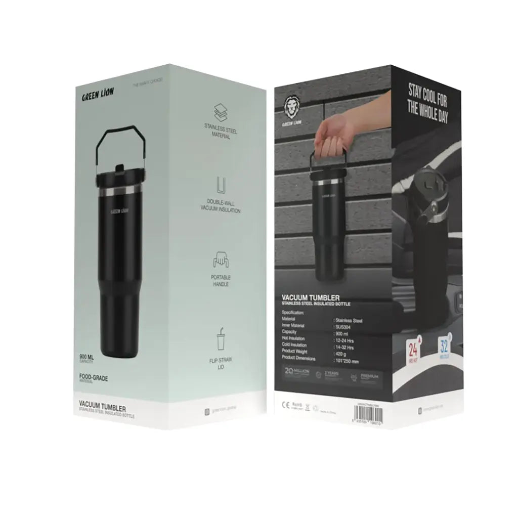 كوب حراري معزول ستانلس ستيل من جرين لايون بسعة 900 مل بغطاء شفاف مع شفاطة | Green Lion Stainless Steel Vacuum Tumbler 900ml with Flip Straw Lid