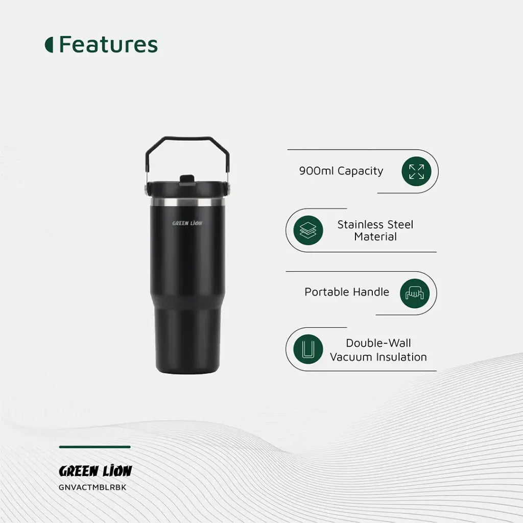 كوب حراري معزول ستانلس ستيل من جرين لايون بسعة 900 مل بغطاء شفاف مع شفاطة | Green Lion Stainless Steel Vacuum Tumbler 900ml with Flip Straw Lid