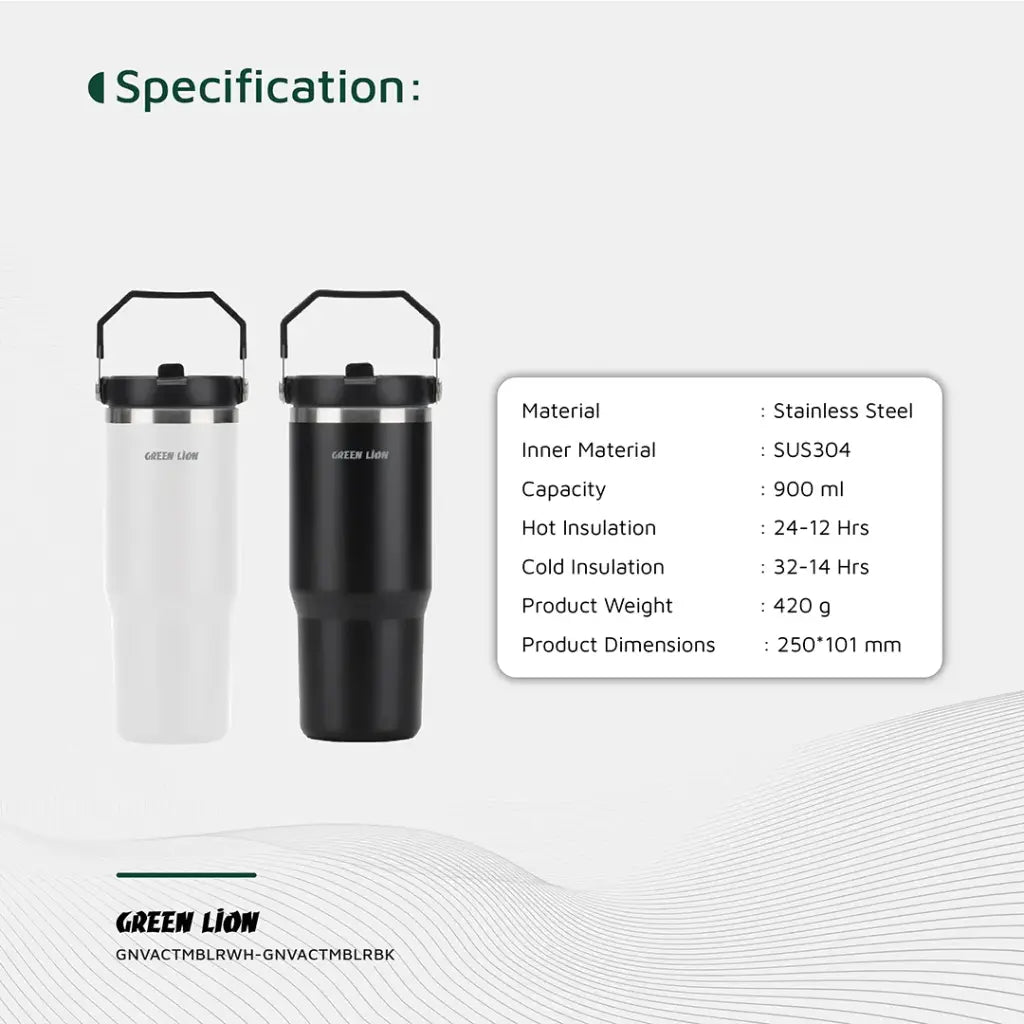 كوب حراري معزول ستانلس ستيل من جرين لايون بسعة 900 مل بغطاء شفاف مع شفاطة | Green Lion Stainless Steel Vacuum Tumbler 900ml with Flip Straw Lid