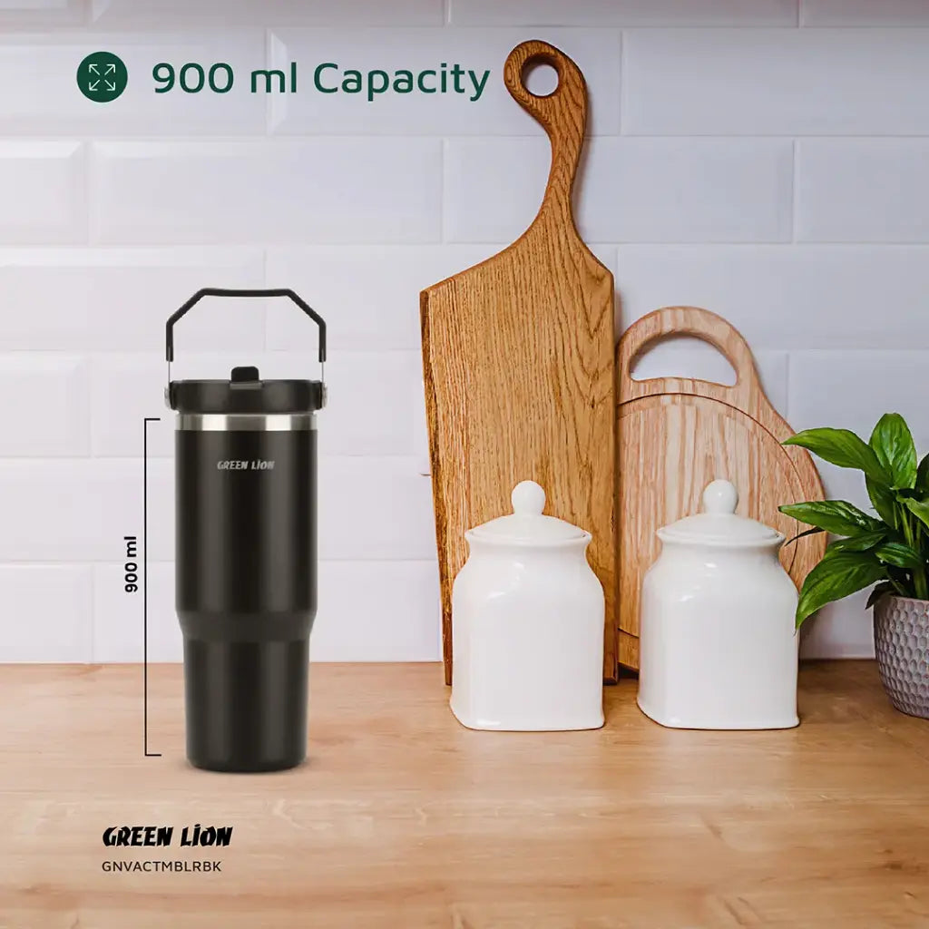 كوب حراري معزول ستانلس ستيل من جرين لايون بسعة 900 مل بغطاء شفاف مع شفاطة | Green Lion Stainless Steel Vacuum Tumbler 900ml with Flip Straw Lid