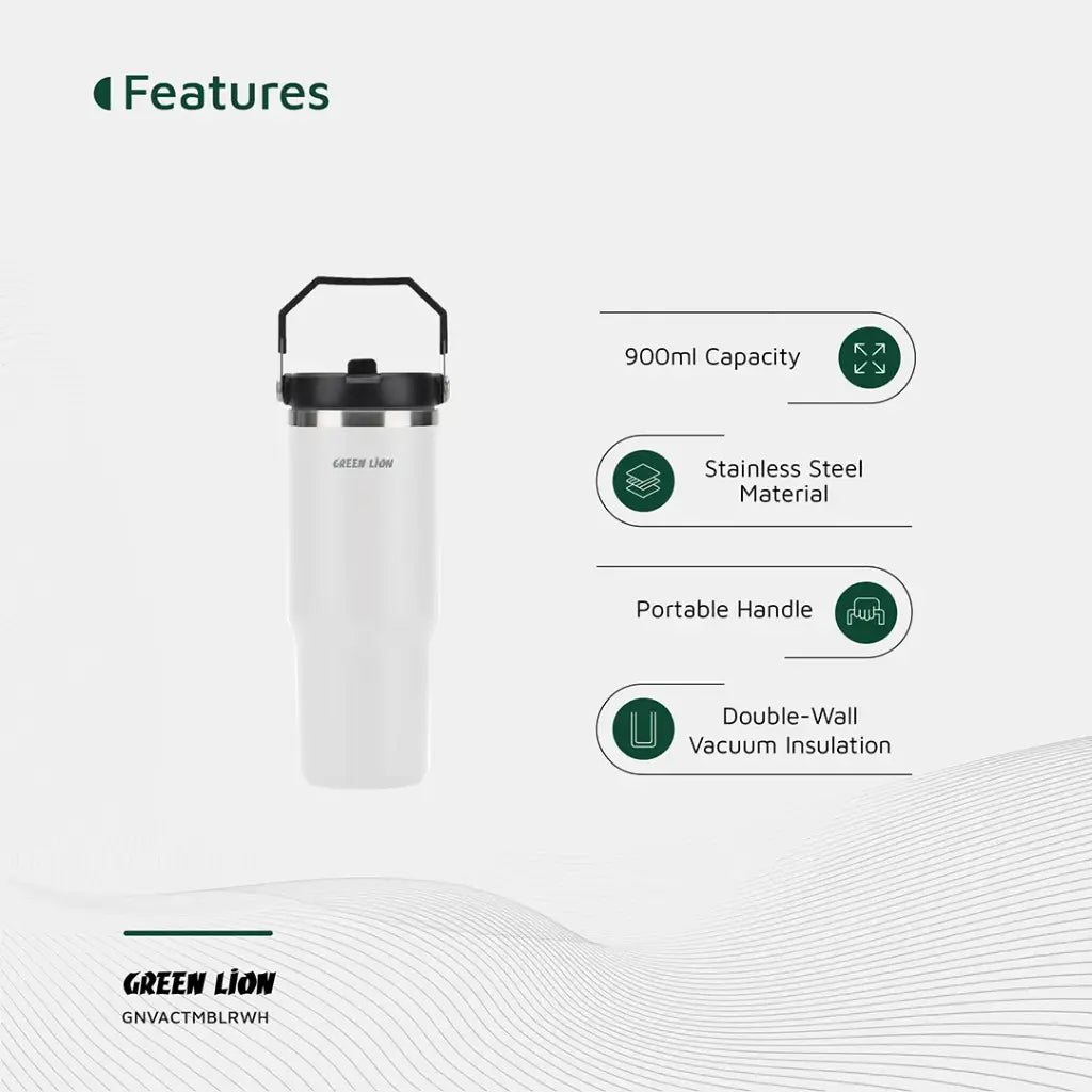 كوب حراري معزول ستانلس ستيل من جرين لايون بسعة 900 مل بغطاء شفاف مع شفاطة | Green Lion Stainless Steel Vacuum Tumbler 900ml with Flip Straw Lid