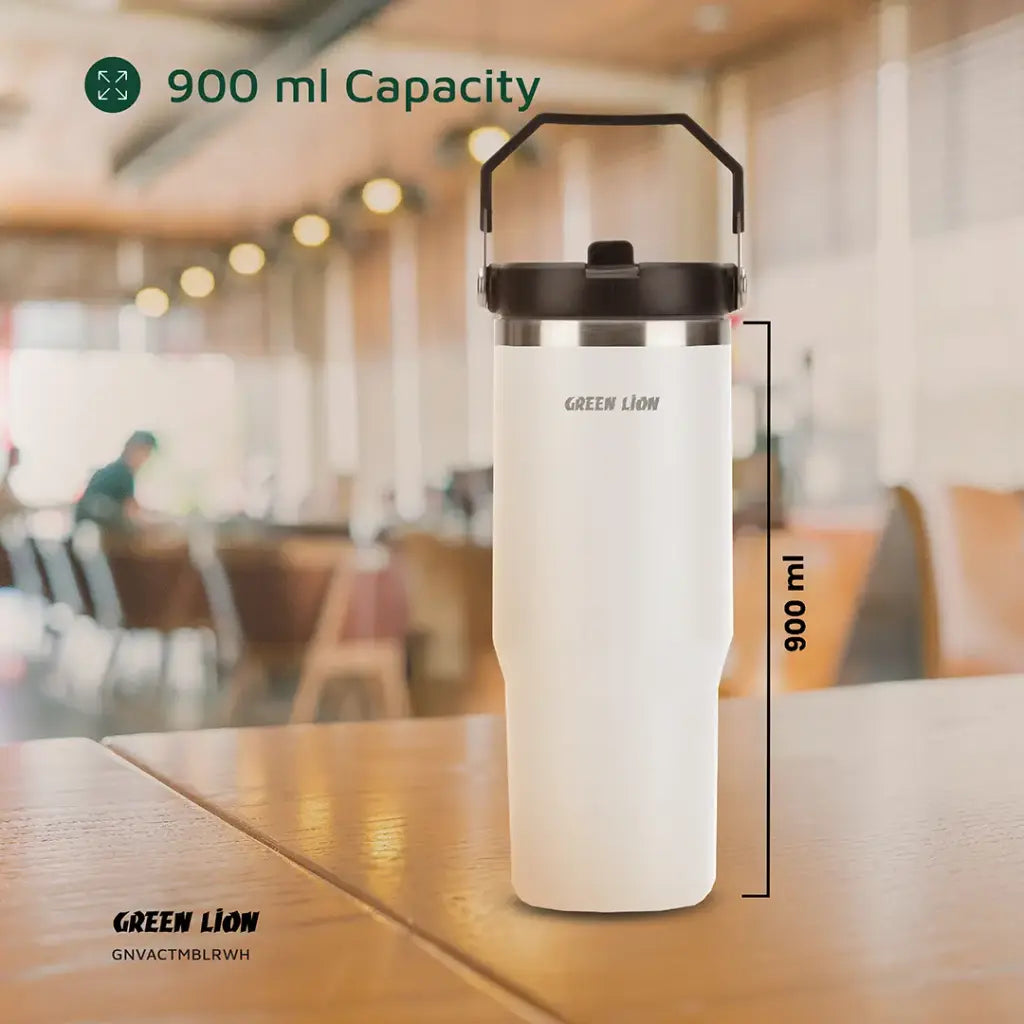 كوب حراري معزول ستانلس ستيل من جرين لايون بسعة 900 مل بغطاء شفاف مع شفاطة | Green Lion Stainless Steel Vacuum Tumbler 900ml with Flip Straw Lid