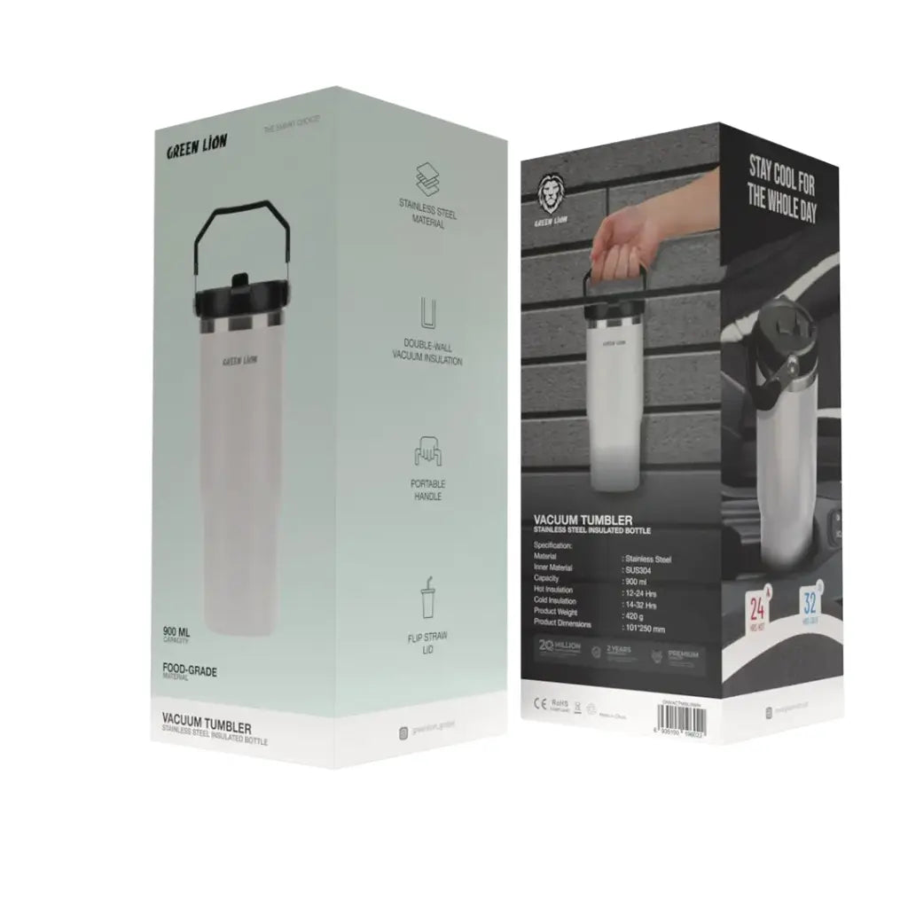 كوب حراري معزول ستانلس ستيل من جرين لايون بسعة 900 مل بغطاء شفاف مع شفاطة | Green Lion Stainless Steel Vacuum Tumbler 900ml with Flip Straw Lid