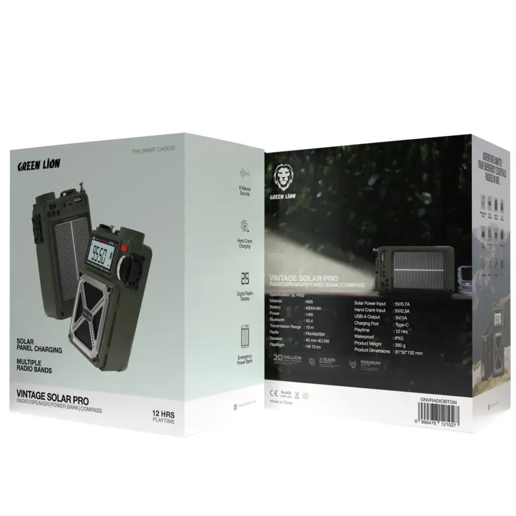 راديو جرين لايون فينتاج سولار برو متعدد الوظائف مع سماعة وباور بانك وبوصلة وكشاف - اخضر | Green Lion Vintage Solar Pro Radio | Speaker | Power Bank | Compass | Flashlight – Green