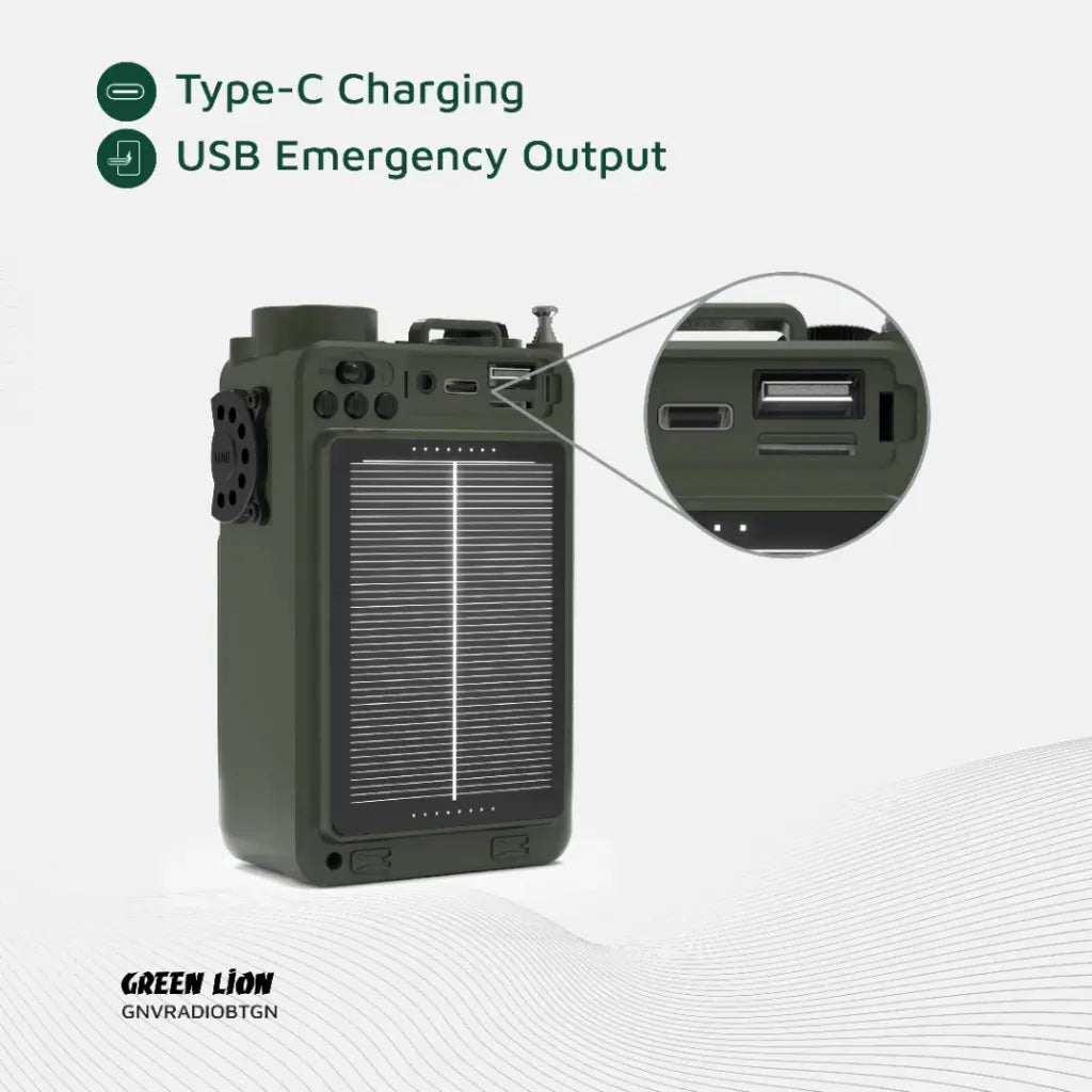 راديو جرين لايون فينتاج سولار برو متعدد الوظائف مع سماعة وباور بانك وبوصلة وكشاف - اخضر | Green Lion Vintage Solar Pro Radio | Speaker | Power Bank | Compass | Flashlight – Green