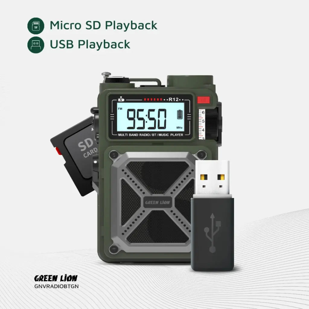 راديو جرين لايون فينتاج سولار برو متعدد الوظائف مع سماعة وباور بانك وبوصلة وكشاف - اخضر | Green Lion Vintage Solar Pro Radio | Speaker | Power Bank | Compass | Flashlight – Green