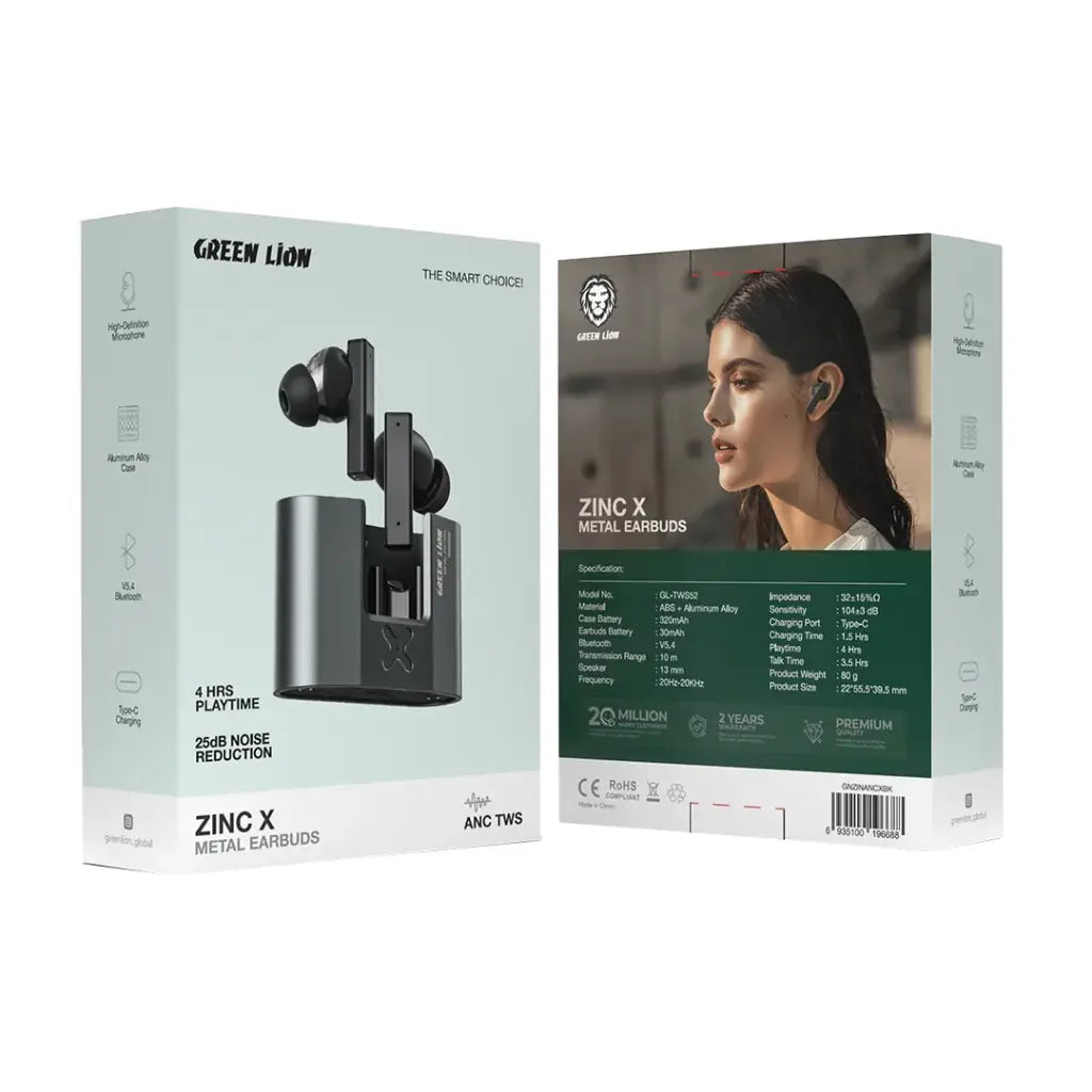 سماعات جرين لايون ZINC X ميتال اللاسلكية بخاصية الغاء الضوضاء - اسود | Green Lion ZINC X Metal Earbuds TWS with ANC - Black