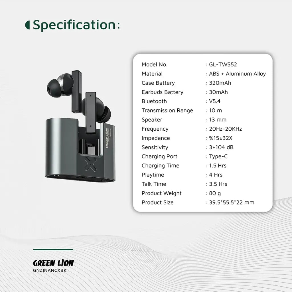 سماعات جرين لايون ZINC X ميتال اللاسلكية بخاصية الغاء الضوضاء - اسود | Green Lion ZINC X Metal Earbuds TWS with ANC - Black