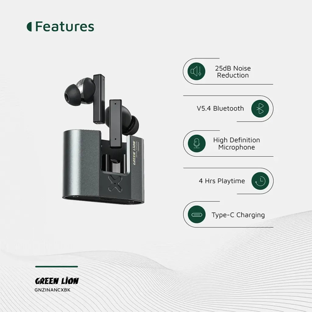 سماعات جرين لايون ZINC X ميتال اللاسلكية بخاصية الغاء الضوضاء - اسود | Green Lion ZINC X Metal Earbuds TWS with ANC - Black
