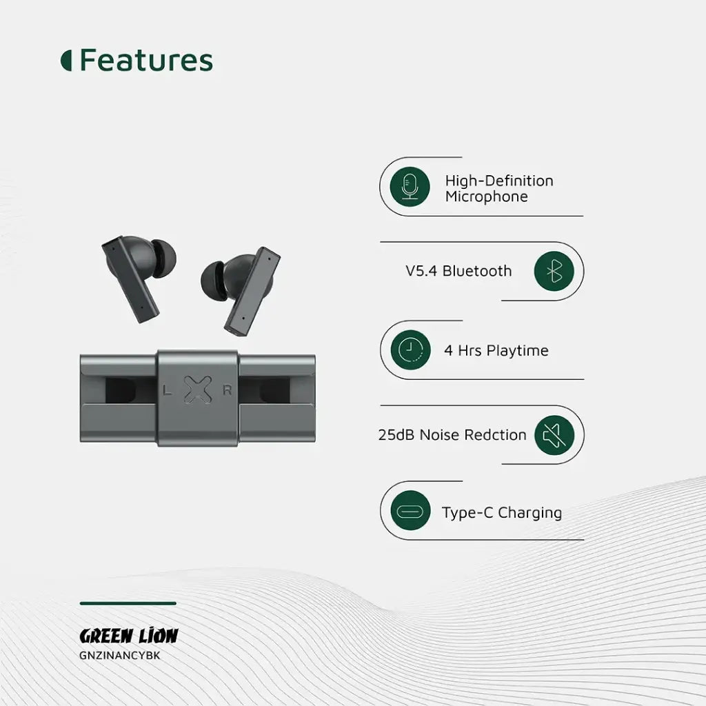 سماعات جرين لايون ZINC Y ميتال اللاسلكية بخاصية الغاء الضوضاء - اسود | Green Lion ZINC Y Metal Earbuds TWS with ANC - Black
