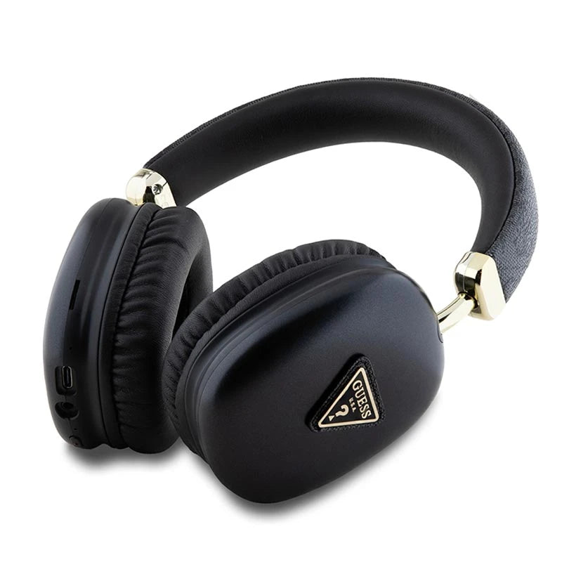 سماعة بلوتوث GUESS بجلد نقشة 4 جي وشعار مثلث ذهبي, 32 ساعة تشغيل - اسود - Guess 4G Bluetooth Headphones with Gold Triangle Logo – Black