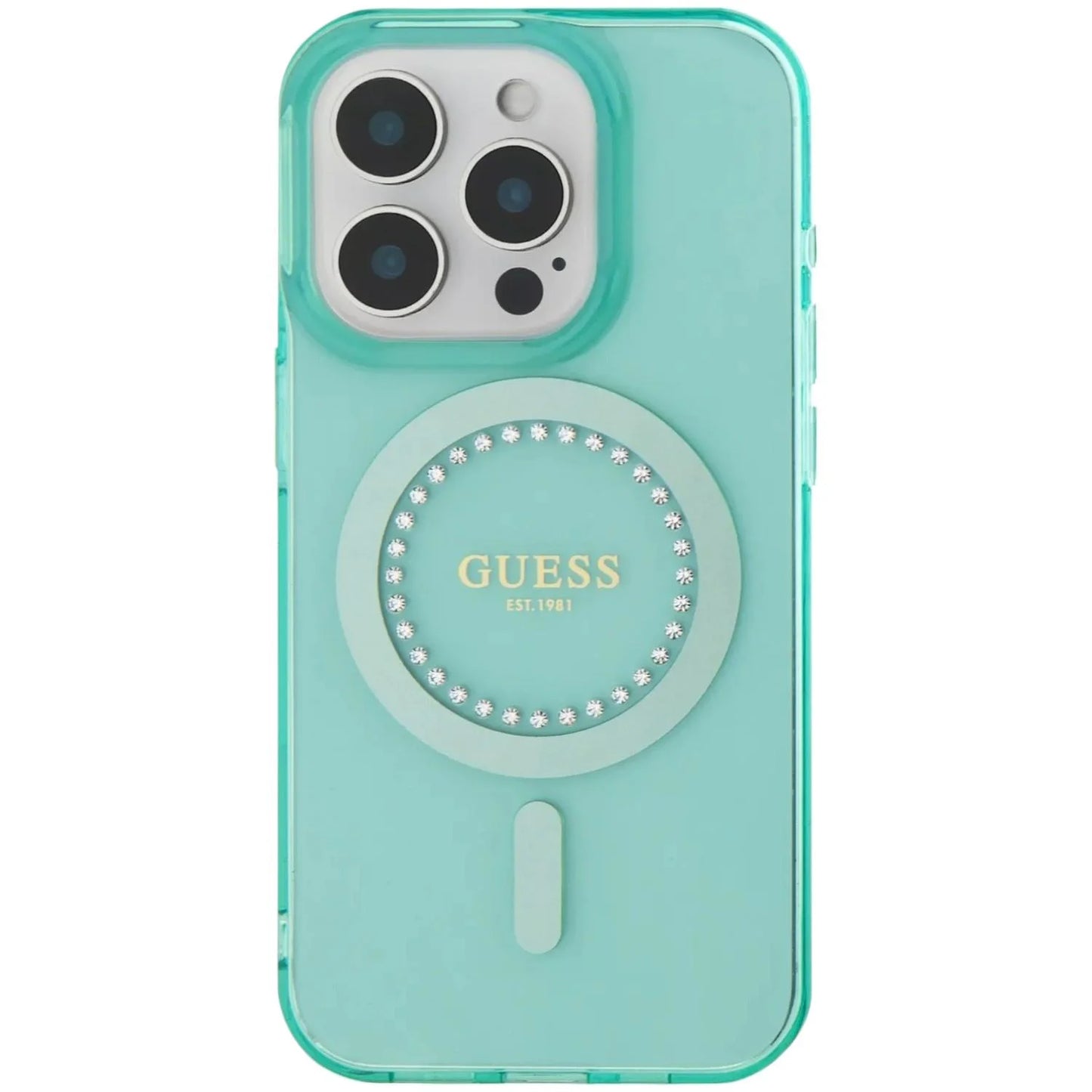 Guess MagSafe IML Hard Case with Rhinestones Design for iPhone 16 Pro | كفر GUESS صلب مع كريستالات وتوافق ماج سيف لهاتف ايفون 16 برو