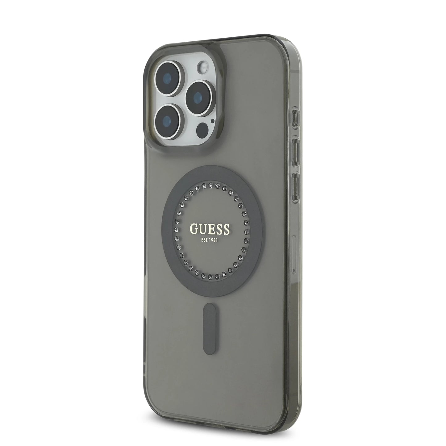 Guess MagSafe IML Hard Case with Rhinestones Design for iPhone 16 Pro | كفر GUESS صلب مع كريستالات وتوافق ماج سيف لهاتف ايفون 16 برو