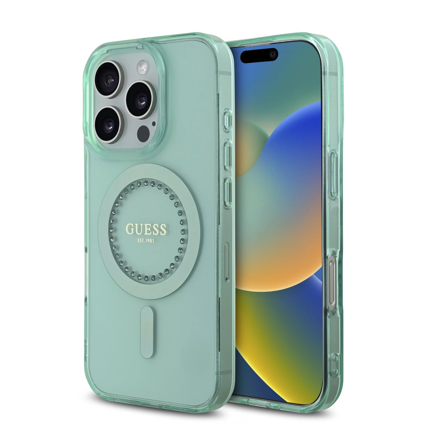 Guess MagSafe IML Hard Case with Rhinestones Design for iPhone 16 Pro | كفر GUESS صلب مع كريستالات وتوافق ماج سيف لهاتف ايفون 16 برو