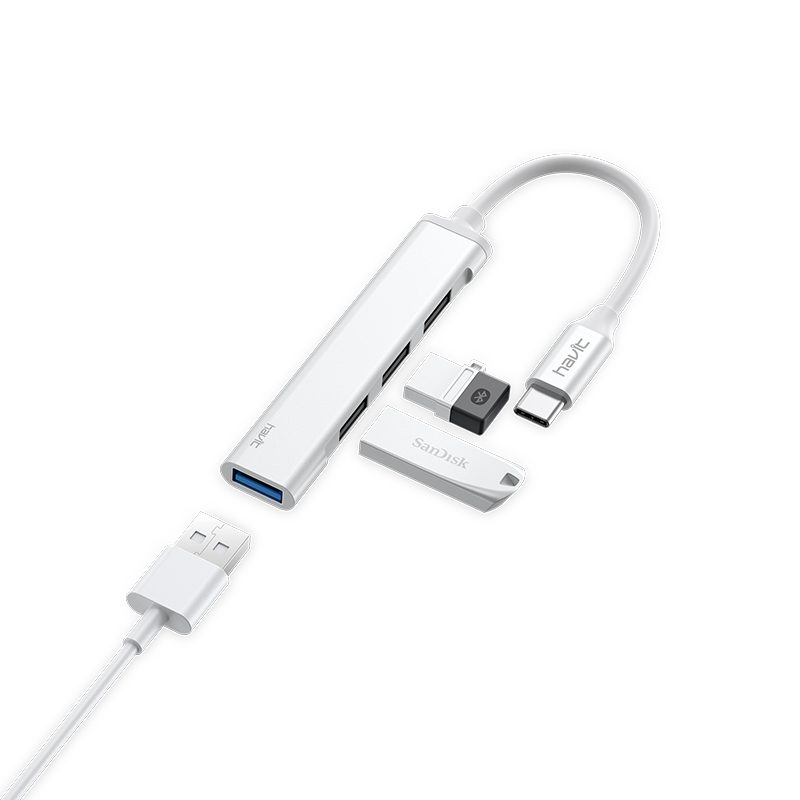 HAVIT HB41 Type-C to 4xUSB Hub – Silver 5Gbps Speed - محول HAVIT HB41 Type-C إلى 4 منافذ USB – فضي | نقل سريع حتى 5Gbps