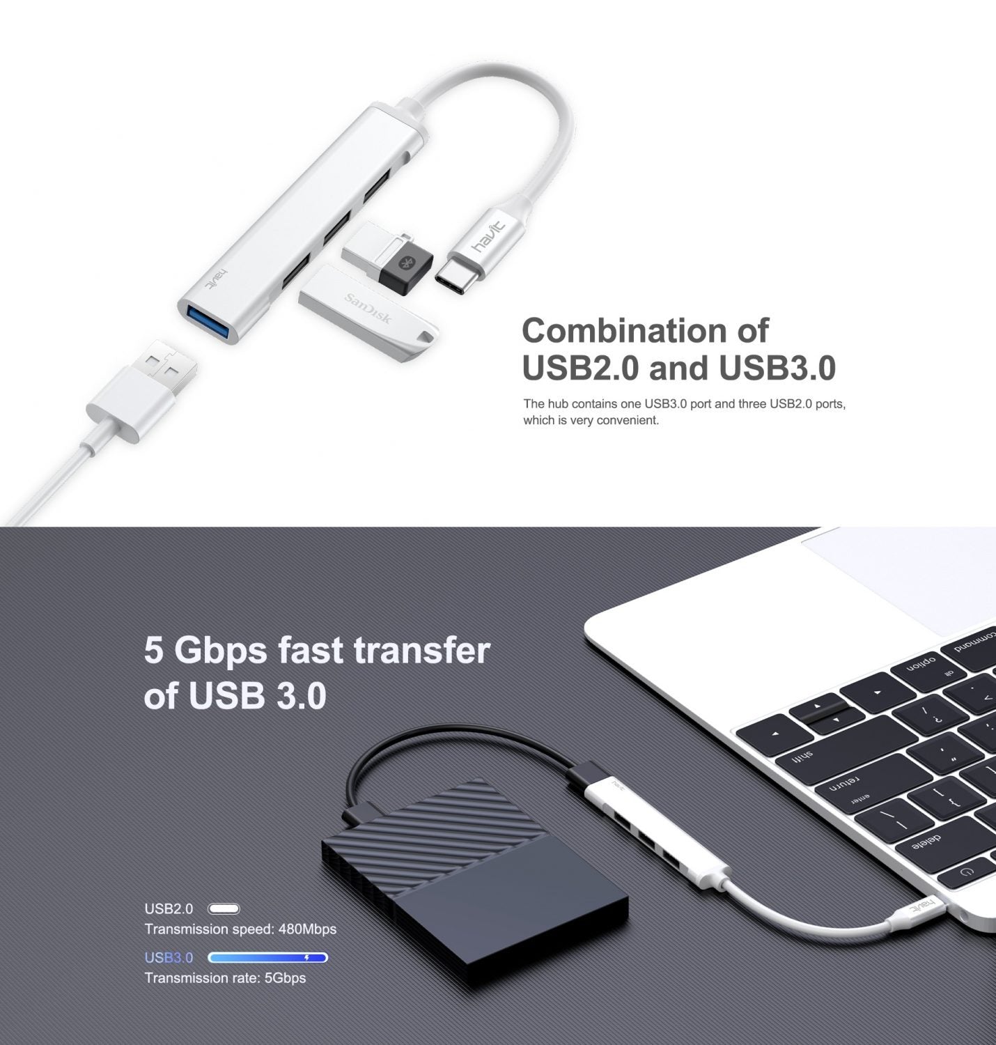 HAVIT HB41 Type-C to 4xUSB Hub – Silver 5Gbps Speed - محول HAVIT HB41 Type-C إلى 4 منافذ USB – فضي | نقل سريع حتى 5Gbps