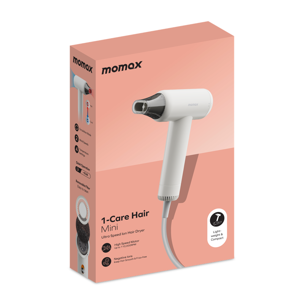 مجفف الشعر الايوني موماكس 1-كير ميني الترا بقدرة 1200 واط | Momax 1-Care Mini Ultra-Speed Ion Hair Dryer, 1200W