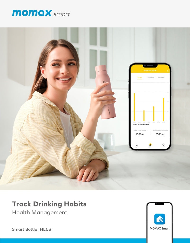 Momax Smart Bottle IoT Thermal Drinkware - موماكس سمارت بوتل, زجاجة ذكية حرارية, تتبع درجة الحرارة عبر التطبيق