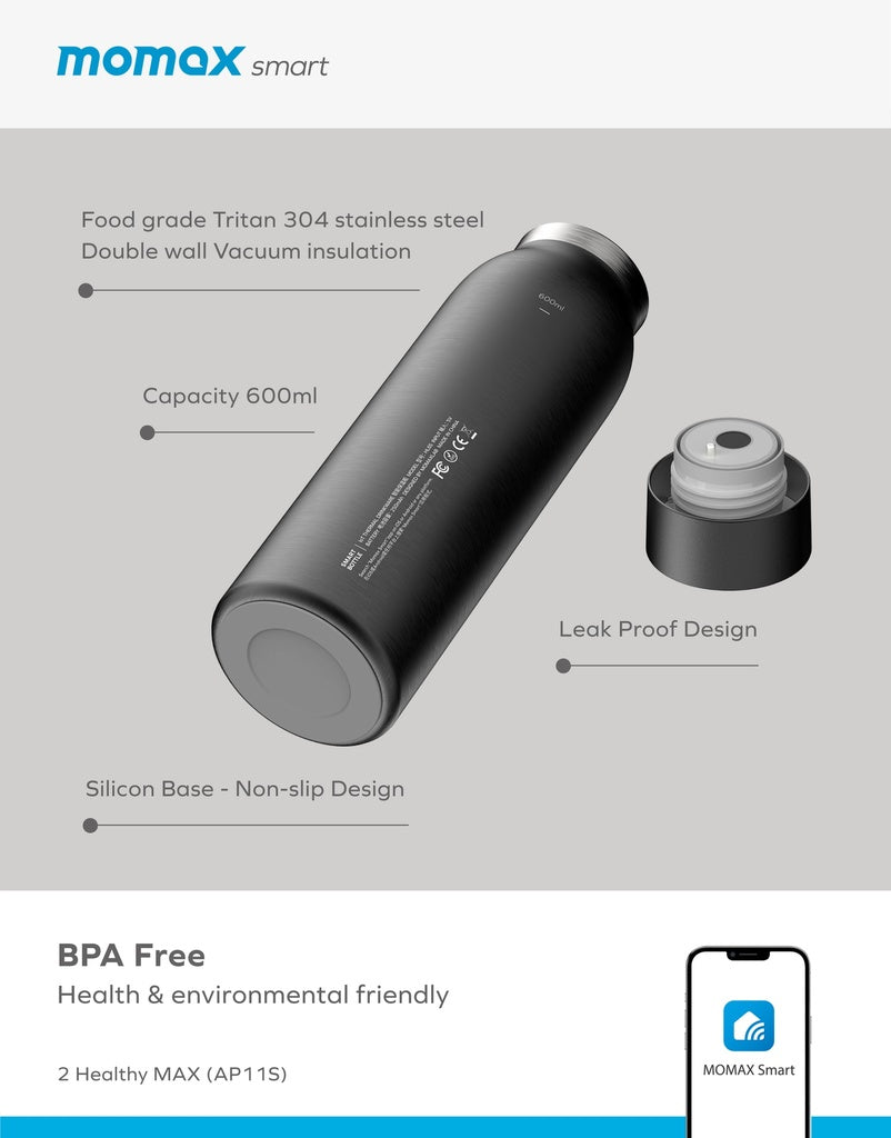 Momax Smart Bottle IoT Thermal Drinkware - موماكس سمارت بوتل, زجاجة ذكية حرارية, تتبع درجة الحرارة عبر التطبيق
