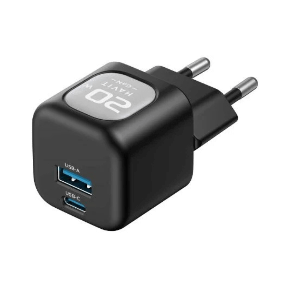 Havit UC220 20W USB-A + USB-C Travel Charger – شاحن جداري بقوة 20واط ومنفذين تايب سي ويو اس بي من هافيت