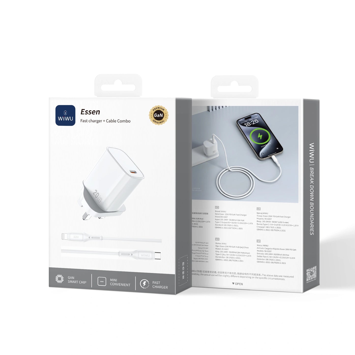 شاحن ويوو GaN سريع بقدرة شحن 20 واط - ابيض | WiWU 20W Essen GaN Fast Charger Wi-G007 UK Standard Wall Charger - White